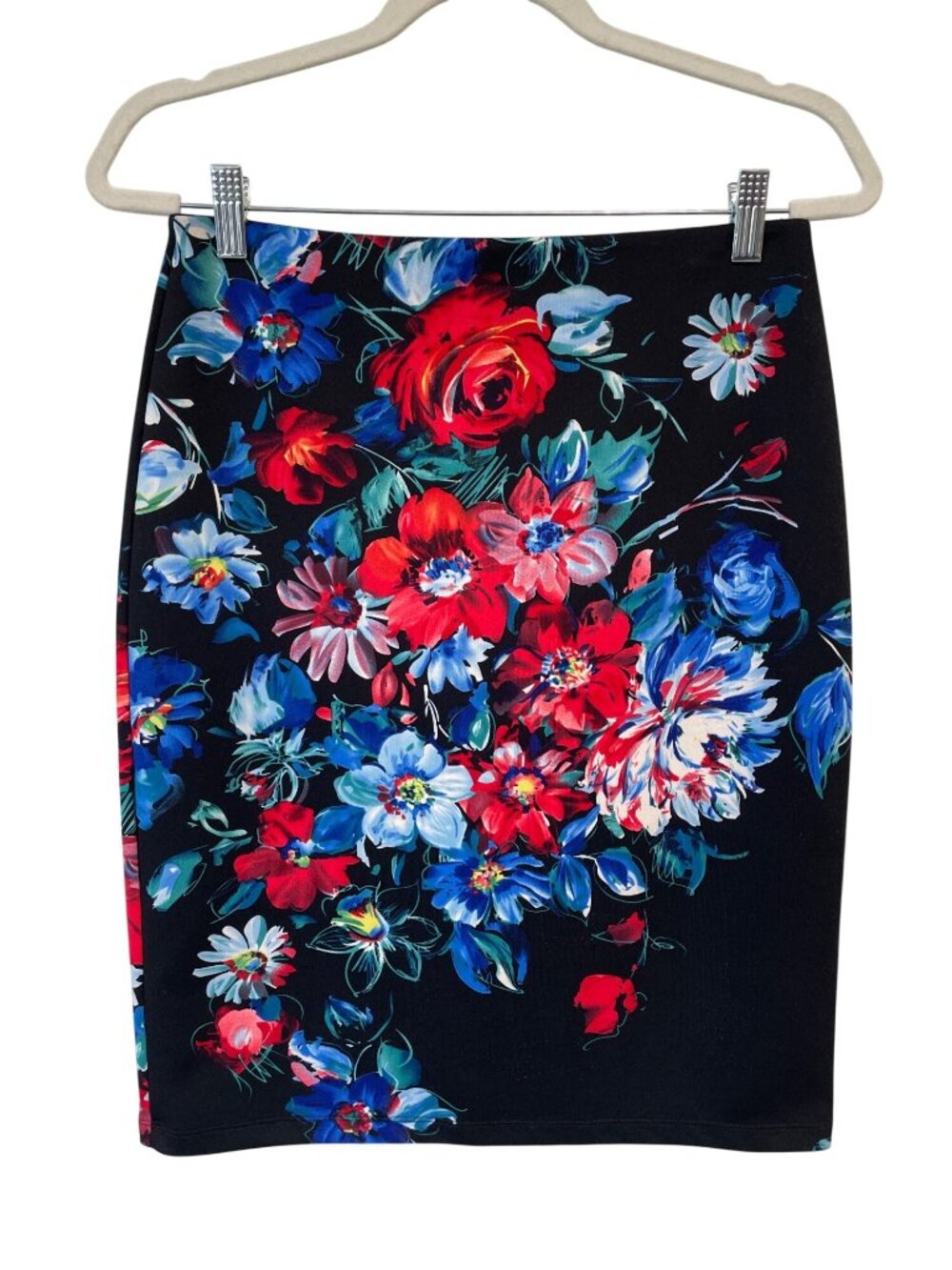 Betsey Johnson Pencil Skirt Small Floral Pull On Elastic Waist Black Whimsigoth